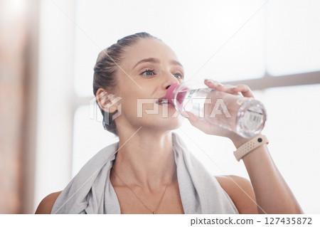 Water bottle, woman athlete and tired from indoor fitness workout, training exercise and thirsty or dehydrated after cardio. Body health wellness, h2o drink and sports woman for sport advert mockup 127435872