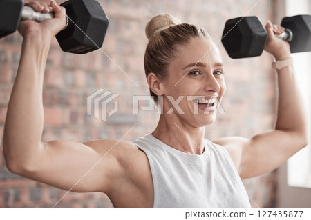 Fitness, dumbbell weights and woman training for a weightlifting exercise in the gym or studio. Sports, health and strong girl doing arm workout for strength, health and wellness at a sport center. Fitness, dumbbell weights and woman training for a weightlifting exercise in the gym or studio. Sports, health and strong girl doing arm workout for strength, health and wellness at a sport center. 127435877