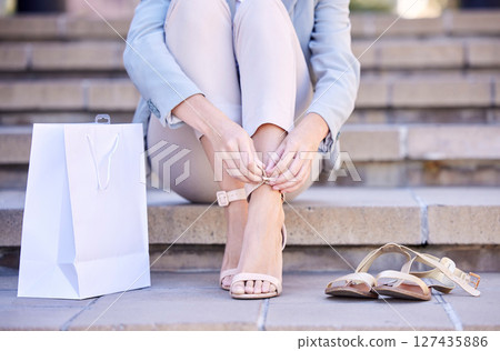 Change of shoes, legs and woman tie new high heels on journey to work for business attire, easy walking or comfort. Retail shopping bag, stairs and fashion employee feet with luxury designer footwear 127435886