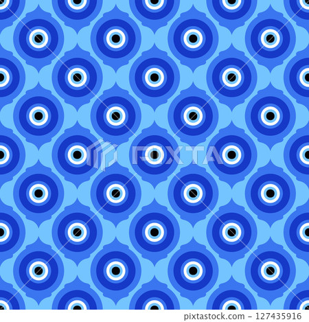 Evil eye seamless pattern. Traditional blue bead in Greece and Turkey. Vector magic background with ethnic nazar - symbol of protection and luck. Ornament with energy amulet and spiritual talisman 127435916