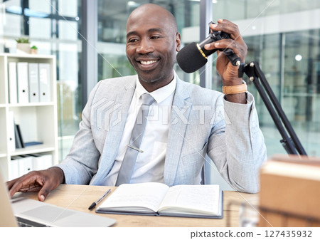 Radio podcast, laptop or black man with microphone interview, networking or communication in office studio. Speaker, internet influencer or corporate content creator with website news live stream 127435932