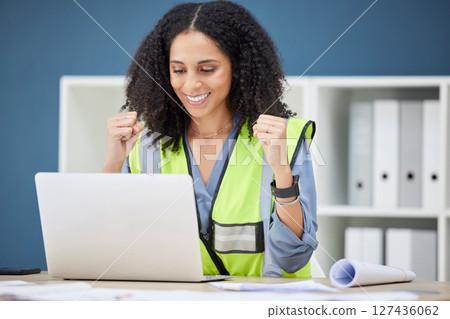 Architect, laptop or black woman success with construction, building or home renovation contract deal in office. Happy, smile and wow woman engineer for motivation, celebration or architecture design 127436062