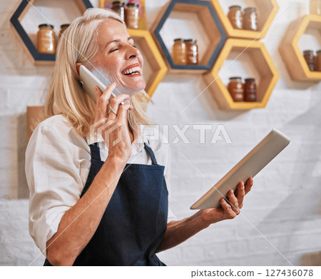 Phone call, tablet or product with woman in store for natural, organic or communication for grocery shopping. Happy startup, honey or retail small business owner for supermarket, food or wellness Phone call, tablet or product with woman in store for natural, organic or communication for grocery shopping. Happy startup, honey or retail small business owner for supermarket, food or wellness 127436078