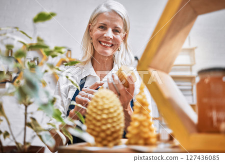 Sustainability, small business and elderly woman portrait in honey store happy, smile and proud of eco friendly product. Local, market and senior business woman in local shop success, service and job 127436085