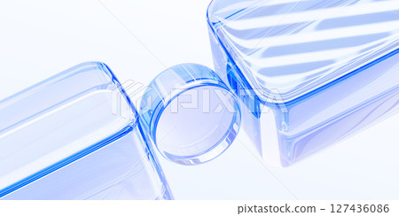 Light blue background with glass transparent circle and cubes 3d render. Abstract diagonal line pattern. Crystal glossy geometric cylinder and block shapes with refraction, wallpaper. 3D illustration Light blue background with glass transparent circle and cubes 3d render. Abstract diagonal line pattern. Crystal glossy geometric cylinder and block shapes with refraction, wallpaper. 3D illustration 127436086