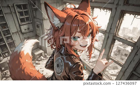 Energetic Anime Fox Girl Rock Gesture in Ruins 127436097