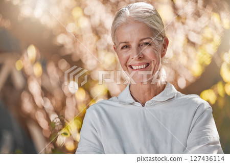 Elderly woman, portrait smile and nature for happy retirement, relax or adventure in the outdoors. Happy senior female face smiling with teeth in happiness or satisfaction for the natural environment Elderly woman, portrait smile and nature for happy retirement, relax or adventure in the outdoors. Happy senior female face smiling with teeth in happiness or satisfaction for the natural environment 127436114