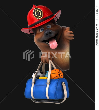 Fun 3D cartoon firefighter dog with a sports bag (on alpha) 127436162