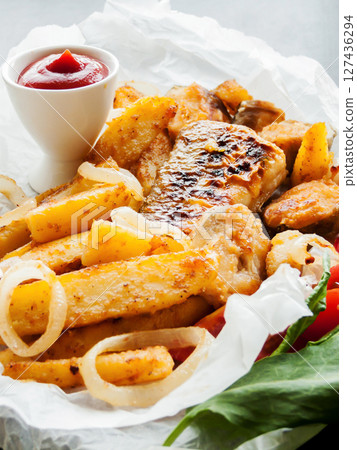 Portion of fish and chips with ketchup sauce, baked potatoes with seafood with vegetables and herbs wrapped in the paper. Dinner served with fish and chips. 127436294