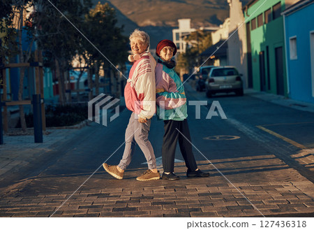 Senior woman, urban fashion and together in street for portrait, friendship or style outdoor. Elderly woman, friends and happy in city with hip hop trend, retro clothes and smile in sunshine in metro Senior woman, urban fashion and together in street for portrait, friendship or style outdoor. Elderly woman, friends and happy in city with hip hop trend, retro clothes and smile in sunshine in metro 127436318