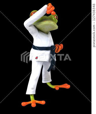 Fun 3D cartoon karateka frog doing a jodan age uke (with alpha channel) 127436348