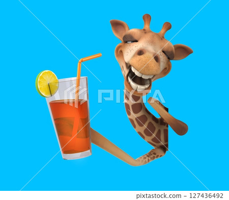 Fun 3D cartoon giraffe with a cocktail (with alpha channel included) 127436492