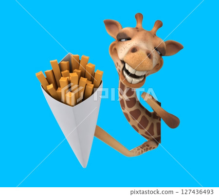 Fun 3D cartoon giraffe with french fries (with alpha channel included) 127436493