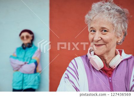 Music, hip hop and senior women with street style, urban smile and 5g headphones in the city. Pride, happy and face portrait of an elderly lady in retirement streaming radio audio for happiness 127436569
