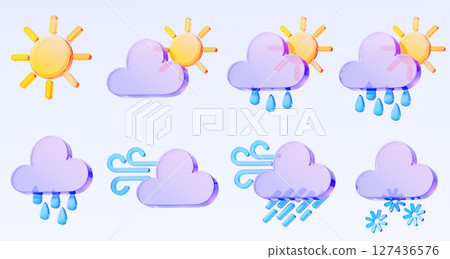 3d glass holographic weather icon. Sun, clouds with water drops, wind, downpour, snowflakes. Meteo forecast elements with rain and snow, summer and winter season, isolated render set. 3D illustration 127436576