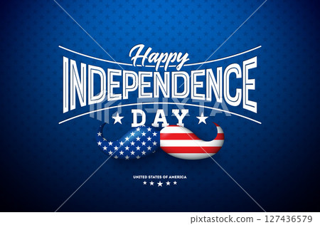 4th of July Independence Day of the USA Banner Illustration with American Flag Pattern Mustache and Typography Letter on Dark Blue Background. Vector Fourth of July National Celebration Design for 127436579