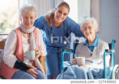 Nursing home, portrait and nurse with senior women after a healthcare checkup, exam or consultation. Happy, medical and caregiver or doctor standing with elderly friends in the retirement facility. 127436602