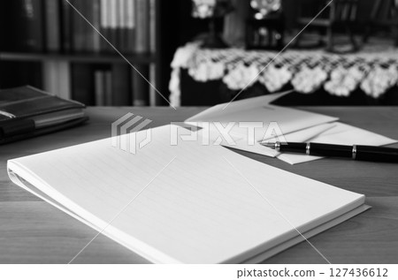 Retro room with stationery and envelopes Letters Stationery Bookshelf Handwritten greetings Will writing 127436612