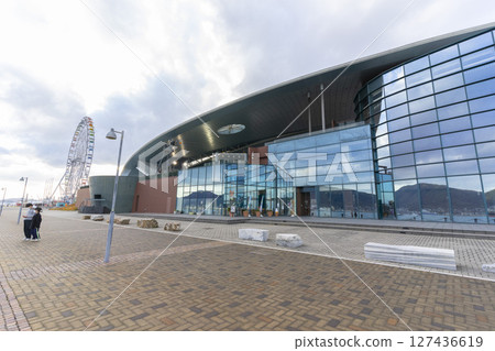 Shimonoseki, Japan - Dec 29,2022 :  Modern building of Kaikyokan in Shimonoseki, Japan on Dec 29,2022. 127436619