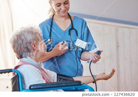Senior woman, happy doctor or blood pressure for healthcare, medical wellness or wheel chair check in hospital. Smile, medicine or nurse caregiver in nursing home to trust, disability help or support 127436620