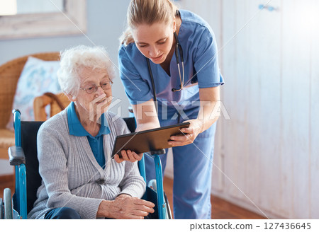 Nursing home, woman or doctor with tablet checking medical results, chart online or social media. Healthcare, tech and nurse caregiver help consulting with elderly patient in living room or bedroom Nursing home, woman or doctor with tablet checking medical results, chart online or social media. Healthcare, tech and nurse caregiver help consulting with elderly patient in living room or bedroom 127436645