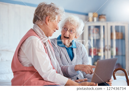 Friends laptop or senior woman with wow for communication, social media video or streaming online. Happy, smile or elderly women with tech for gambling winner, online shopping or search the internet Friends laptop or senior woman with wow for communication, social media video or streaming online. Happy, smile or elderly women with tech for gambling winner, online shopping or search the internet 127436734