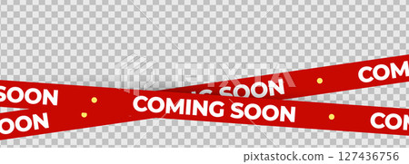 Coming Soon Red Banner Tape Ribbon with bold text and transparent background. Ideal for product launch, sale notice, shop promotion, store campaign design. Modern graphic element. Vector Illustration 127436756