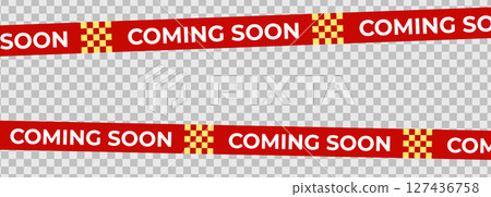 Coming Soon Red Banner Tape for product launch, retail teaser, sale campaign or store opening announcement. Editable warning stripe design for promo layout or web banner. Vector Illustration. 127436758