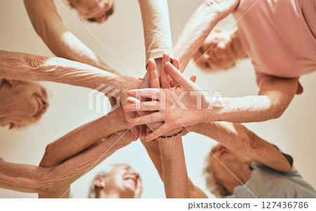 Senior, hands together and motivation with team building and elderly women friends with happiness, Collaboration, support and retirement solidarity of people in a nursing home showing teamwork Senior, hands together and motivation with team building and elderly women friends with happiness, Collaboration, support and retirement solidarity of people in a nursing home showing teamwork 127436786