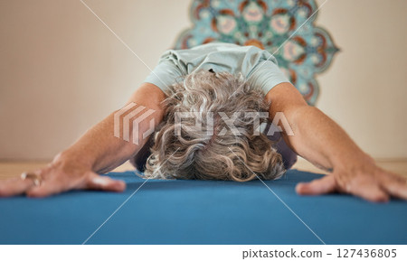 Senior woman, yoga stretching and floor in gym exercise, workout or fitness training routine. Elderly yogi, studio and balance for wellness, health or zen mindfulness for healthy spiritual mindset Senior woman, yoga stretching and floor in gym exercise, workout or fitness training routine. Elderly yogi, studio and balance for wellness, health or zen mindfulness for healthy spiritual mindset 127436805