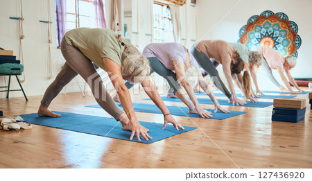Yoga class, exercise and old people stretching during workout and fitness training with a group for health and wellness in retirement. Old people together for zen, chakra and balance practice 127436920