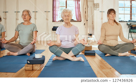 Senior women, yoga class and meditation exercise for calm, peace and balance for mindfulness or health and wellness in retirement. Old people group in lotus for chakra, zen and spiritual workout Senior women, yoga class and meditation exercise for calm, peace and balance for mindfulness or health and wellness in retirement. Old people group in lotus for chakra, zen and spiritual workout 127436926
