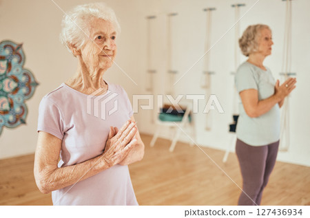 Yoga, zen and mindfulness with elderly women and meditate, peace and balance for wellness and exercise. Spiritual, positive energy in fitness studio with meditation class for body health and vitality Yoga, zen and mindfulness with elderly women and meditate, peace and balance for wellness and exercise. Spiritual, positive energy in fitness studio with meditation class for body health and vitality 127436934