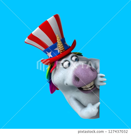 Fun 3D cartoon unicorn with an uncle sam hat (with alpha channel) Fun 3D cartoon unicorn with an uncle sam hat (with alpha channel) 127437032