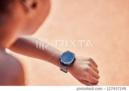 Fitness, exercise and watch for cardio time, health and workout data to monitor heart, performance and steps outdoor after running. Runner with smartwatch to check blood pressure and sports clock Fitness, exercise and watch for cardio time, health and workout data to monitor heart, performance and steps outdoor after running. Runner with smartwatch to check blood pressure and sports clock 127437149