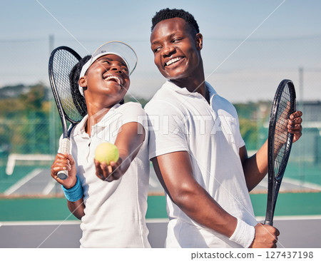Sports, tennis and black couple with tennis ball on court ready for game, match and training outdoors. Dating, quality time and happy man and woman with racket for fitness, exercise and workout 127437198