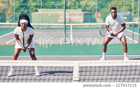 Tennis, teamwork and portrait of black couple on court for match, game or competition. Exercise, fitness and doubles partners, tennis players and man and woman training for sports practice outdoors. 127437215