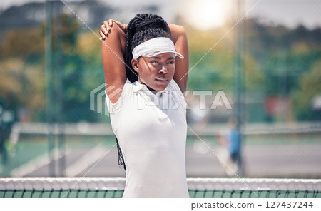 Fitness, tennis and stretching woman with focus, motivation and exercise wellness for sports competition, event or training. Black woman athlete in tennis court warm up workout for performance energy 127437244