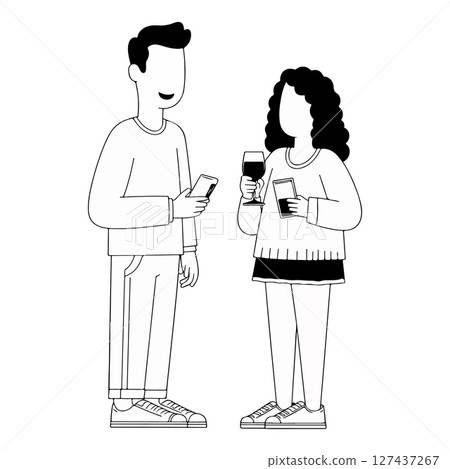 Line Art of Couple with Drinks and Phones 127437267