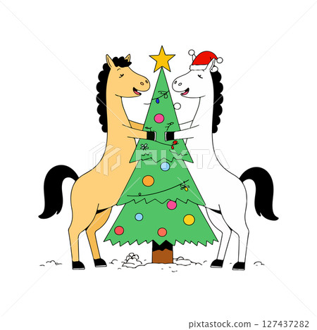 Horses Decorating Christmas Tree Horses Decorating Christmas Tree 127437282