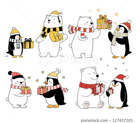 Cute Christmas Polar Bears and Penguins with Gifts 127437283