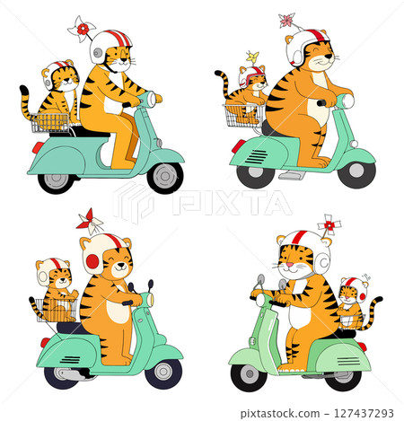 Tiger Family on Scooters 127437293