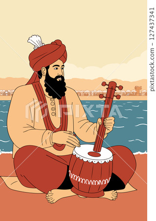 Sikh Man Playing Stringed Instrument by the Sea 127437341