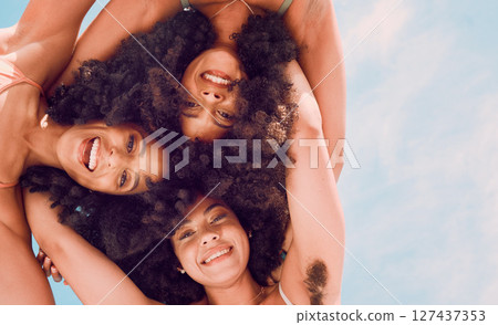 Beauty, community and afro friends in a circle, relax, smile and blue sky while having fun together. Freedom, face and happy women embracing in a trust huddle, excited at a social gathering outdoor Beauty, community and afro friends in a circle, relax, smile and blue sky while having fun together. Freedom, face and happy women embracing in a trust huddle, excited at a social gathering outdoor 127437353
