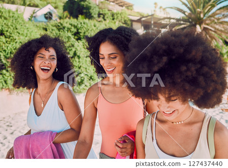 Black woman, friends walking and beach with funny conversation, joke or laugh on summer vacation. Girl group, women and smile with walk on sea sand together in sunshine with comic laughing on holiday Black woman, friends walking and beach with funny conversation, joke or laugh on summer vacation. Girl group, women and smile with walk on sea sand together in sunshine with comic laughing on holiday 127437440