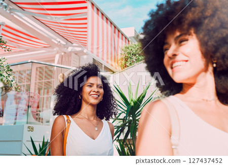 Black women, friends and happiness outdoor on vacation, travel and fun at holiday house in city for bonding on weekend. Smile, afro and young African females walking together and enjoying freedom Black women, friends and happiness outdoor on vacation, travel and fun at holiday house in city for bonding on weekend. Smile, afro and young African females walking together and enjoying freedom 127437452