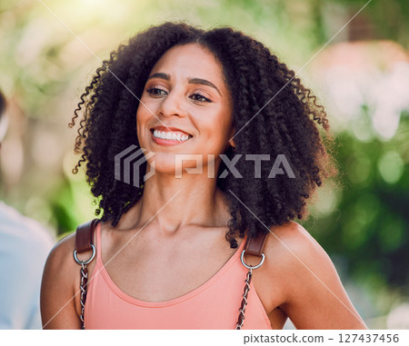 Black woman, afro and sightseeing in city travel location, summer holiday destination or Rio de Janeiro vacation . Smile, happy or fashion student, tourist or traveler with cool, style or funky hair 127437456