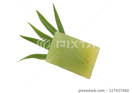 Aloe vera herbal soap with natural ingredients, isolated on white Aloe vera herbal soap with natural ingredients, isolated on white 127437480