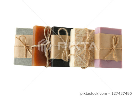 Five soap bars tied with twine, isolated on white Five soap bars tied with twine, isolated on white 127437490