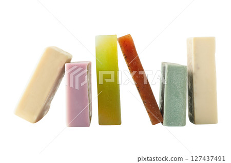 Colorful soap bars neatly arranged, isolated on white Colorful soap bars neatly arranged, isolated on white 127437491